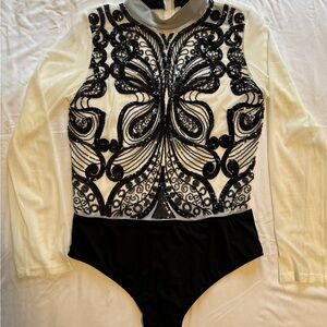 Sheer Black Beaded High-Neck Long Sleeve Bodysuit